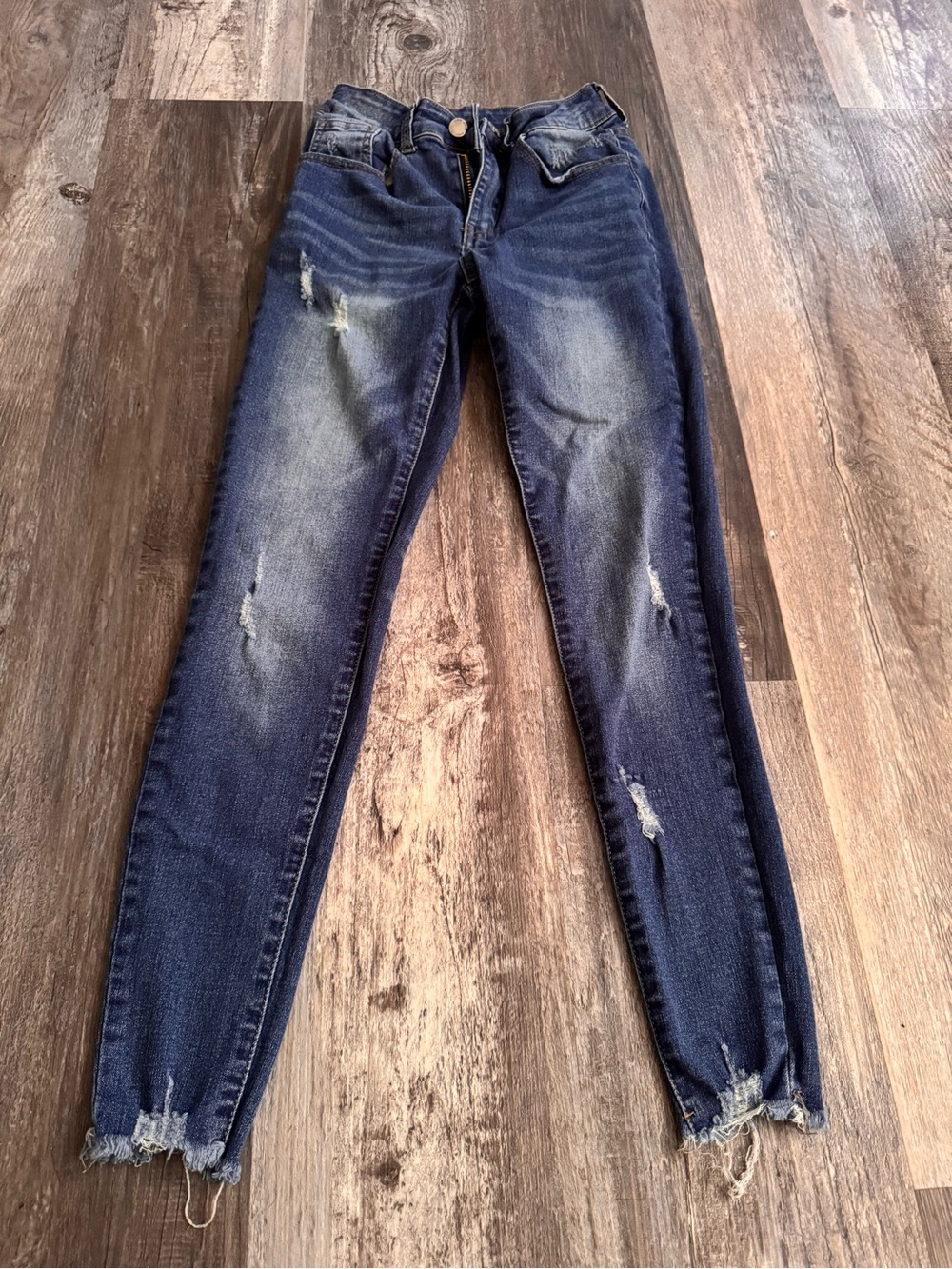 SHEIN Dark Blue Distressed Skinny Jeans with Frayed Hem